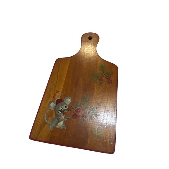 Retro Hand-Painted Wooden Cheese Board With Mouse & Berry Design - Picture 3 of 7